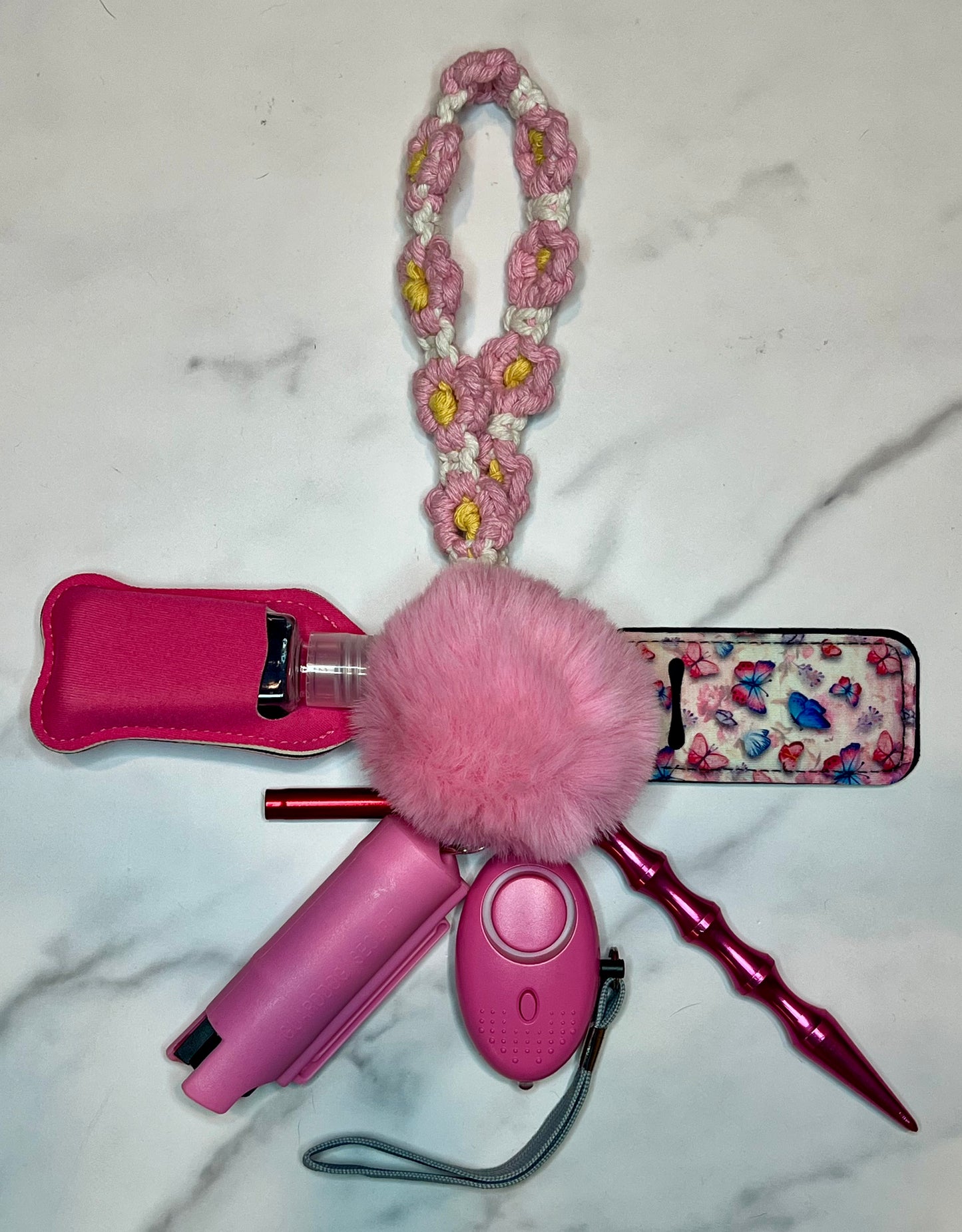 Pink Crochet Flower Self Defense Keychain