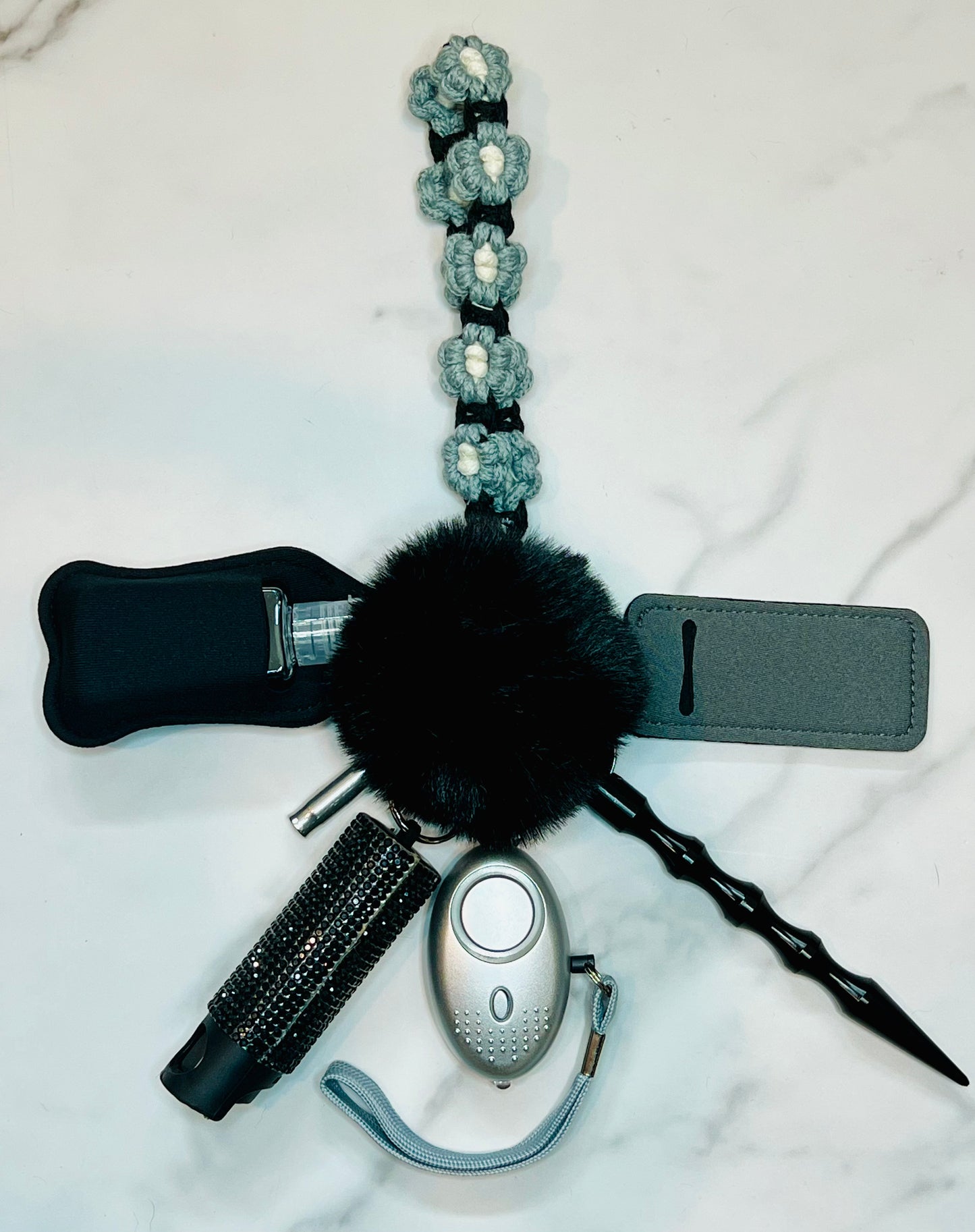 Gray Crochet Flower Self Defense Keychain