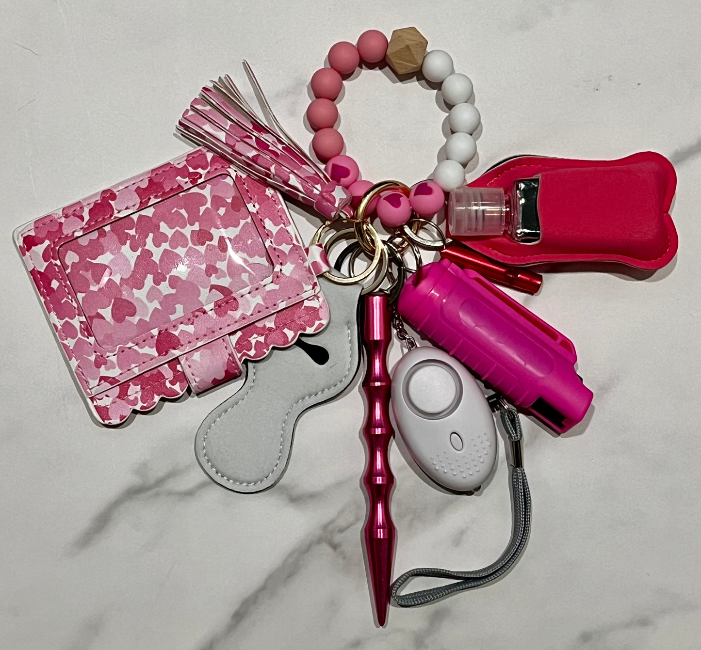 Pink Heart Beaded with Wallet Self Defense Keychain