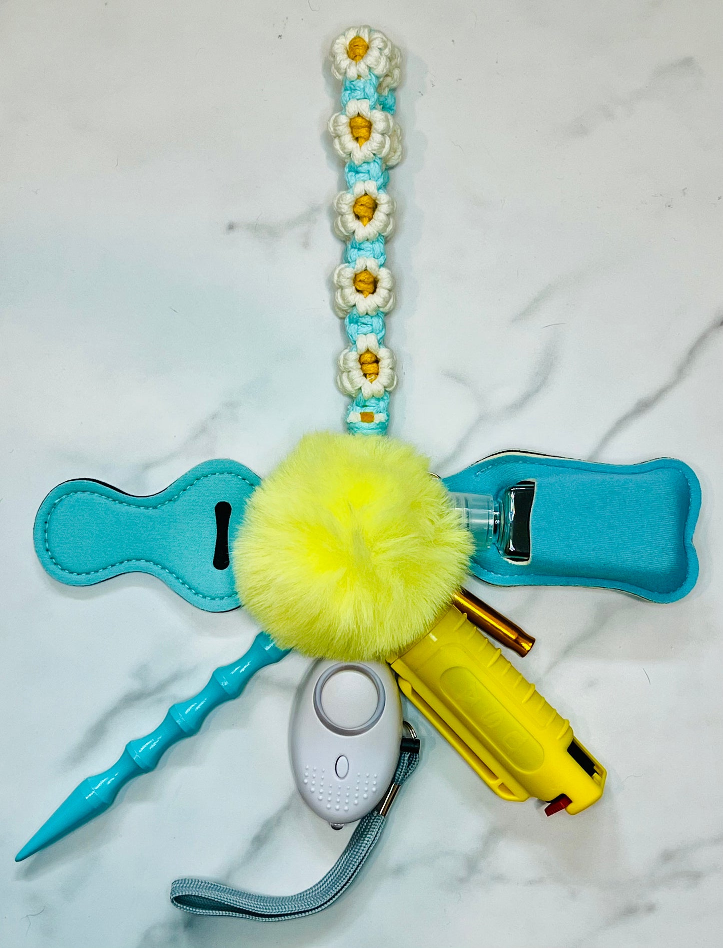 Teal Crochet Flower Self Defense Keychain