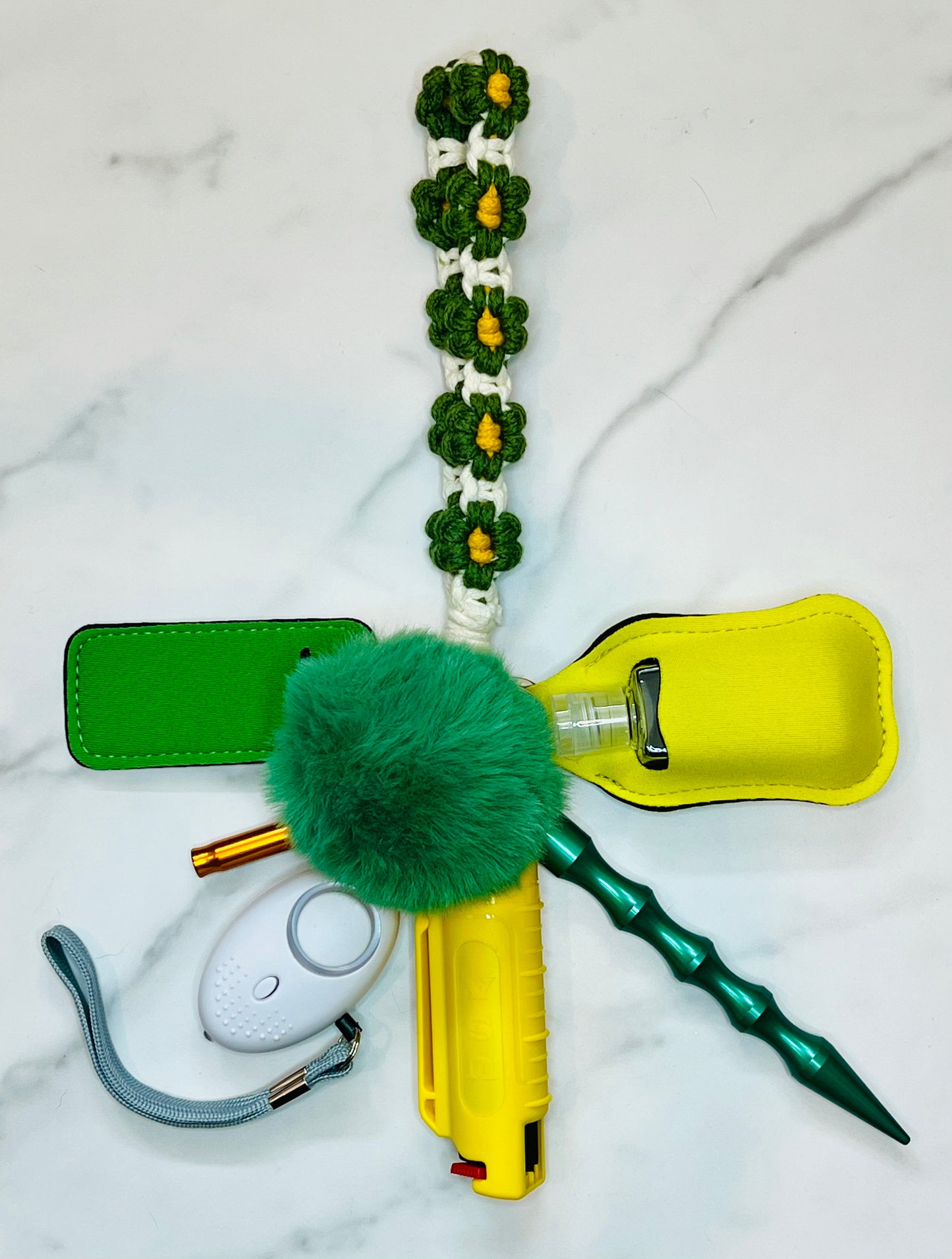 Green Crochet Flower Self Defense Keychain