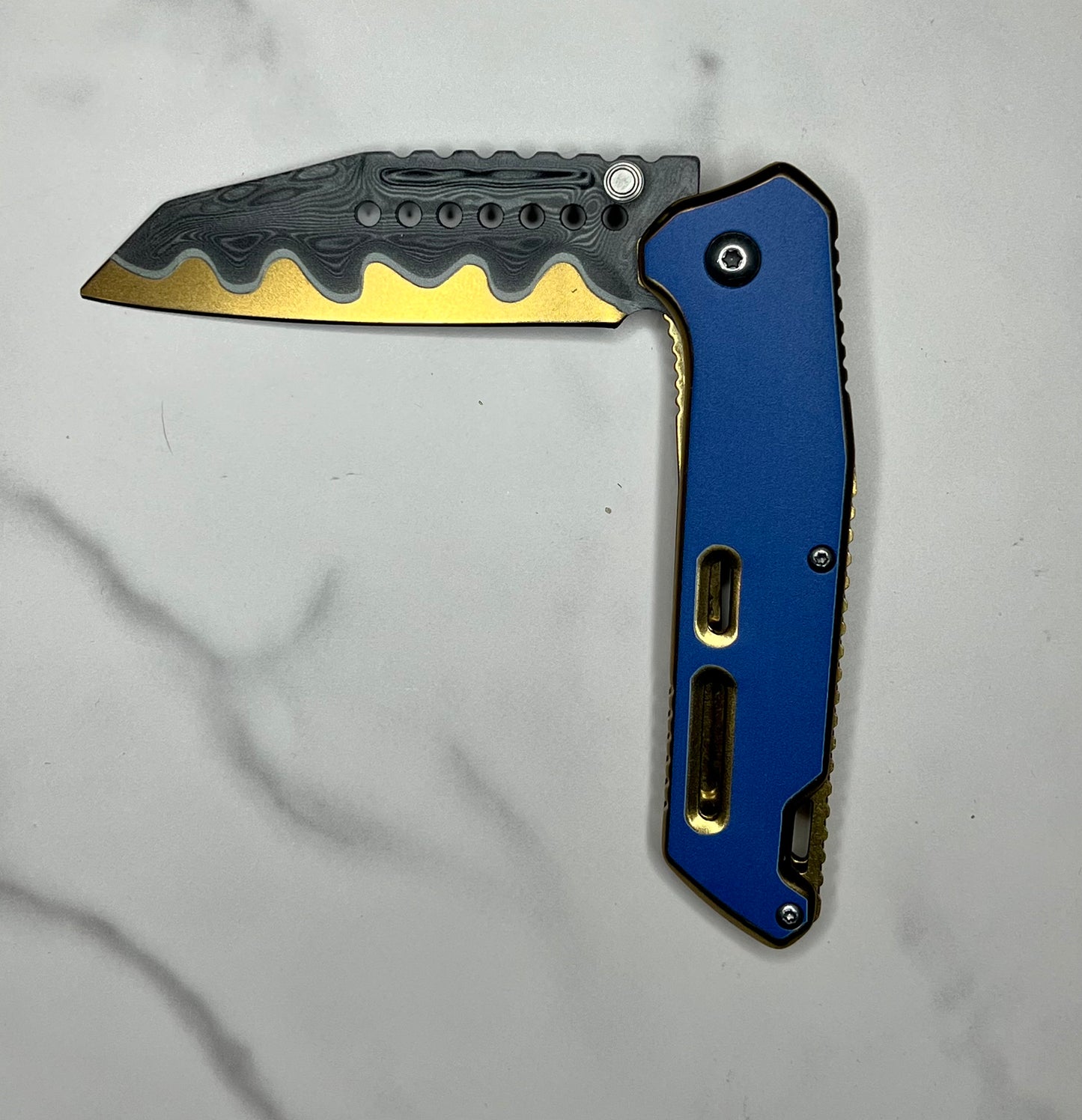 Etched Damascus Spring Assisted Gold Plated Knife